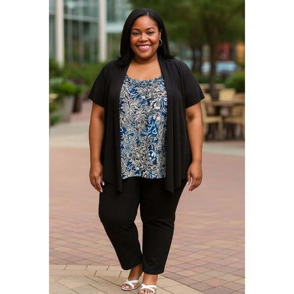 Judith Womens Plus Size 3X Top Black Floral Layered Look Short Sleeve - Picture 9 of 9